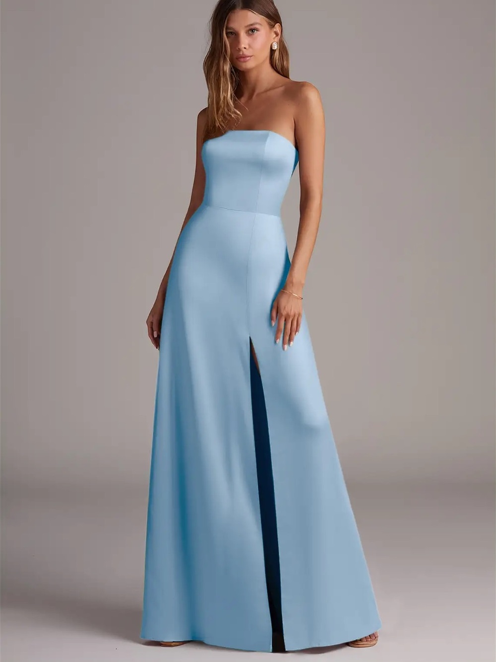 Azazie Wren Dress in Powder Blue Stretch Satin with Removable Straps